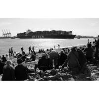 438_35 Abendstimmung am Strand an der Strandperle - Containerschiff auf der Elbe. | 